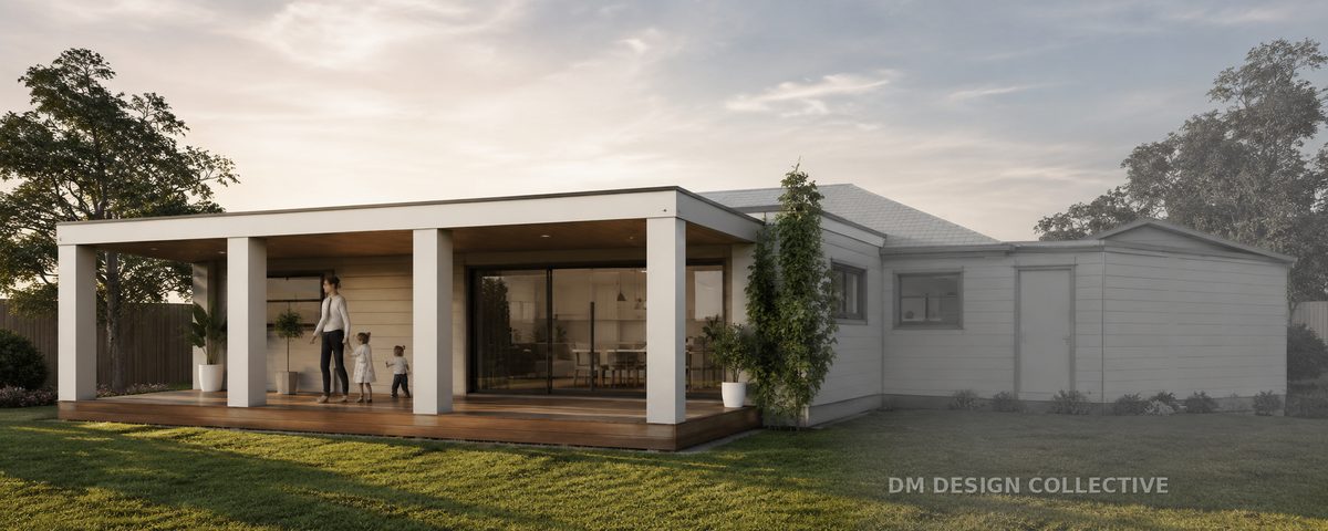 Croydon VIC deck addition render — outdoor living extension to an existing home