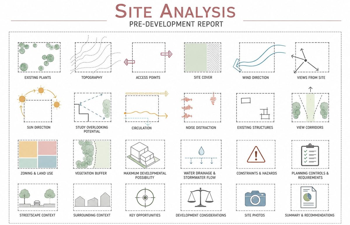 Site analysis pre-development report — topography, zoning, overlays, access, drainage and planning controls assessed before design
