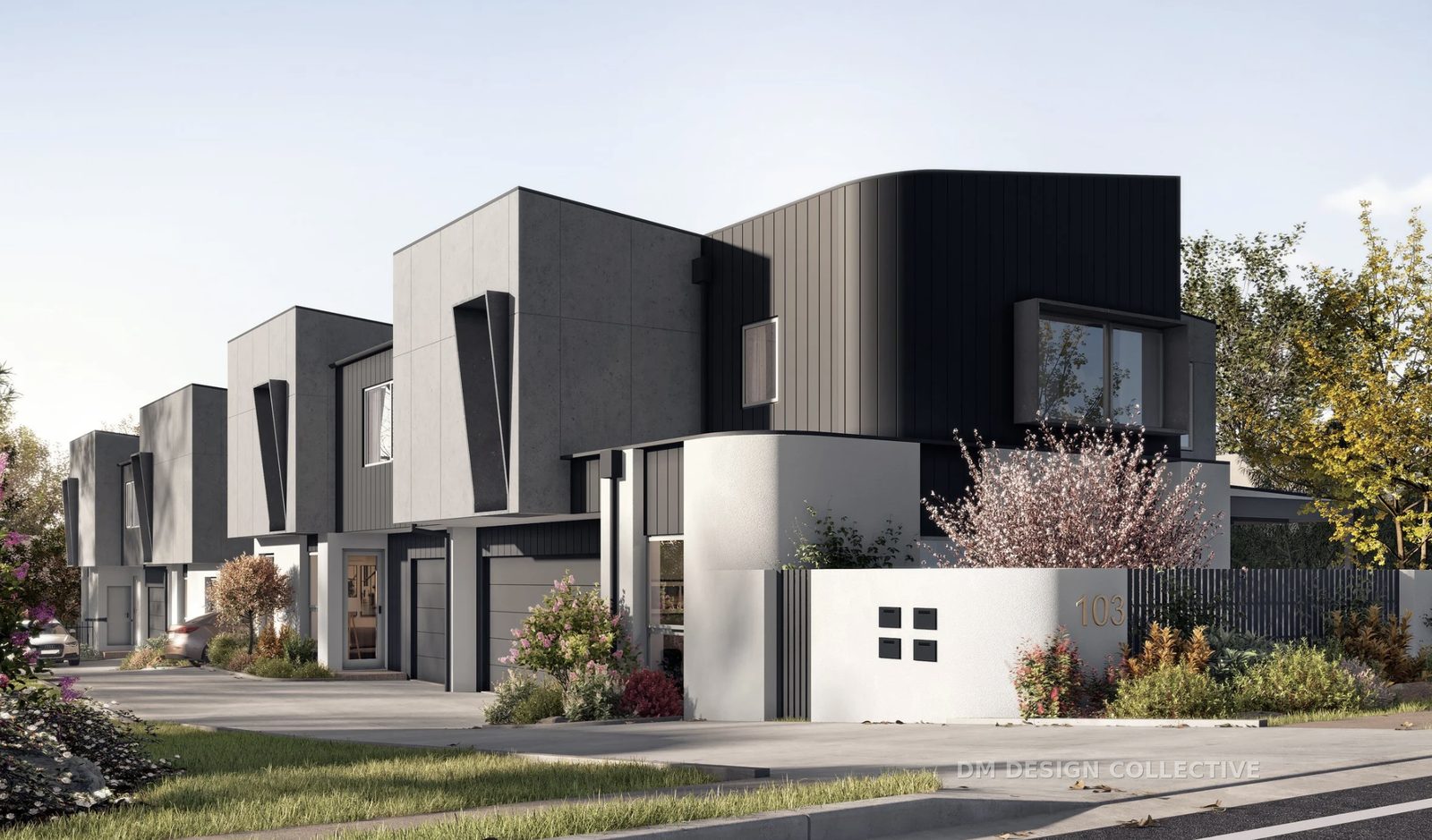 Dual occupancy and townhouse development — contemporary multi-dwelling street elevation